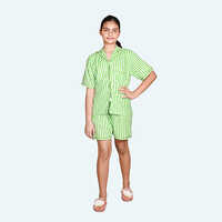 Girls Green Night Suit Set, Half Sleeve Knee Length In Cotton