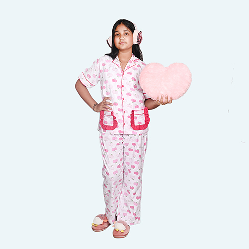 Girls Pink Night Suit Set, Half Sleeve Full Length In Cotton