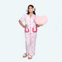 Girls Pink Night Suit Set, Half Sleeve Full Length In Cotton