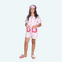 Girls Pink Night Suit Set, Half Sleeve Knee Length In Cotton
