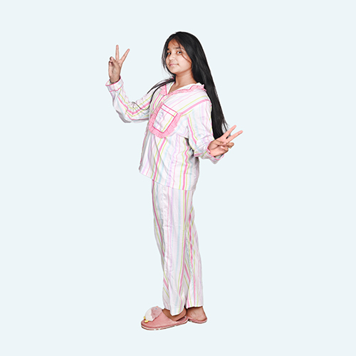 Girls White Night Suit Set, Full Sleeve Full Length In Cotton