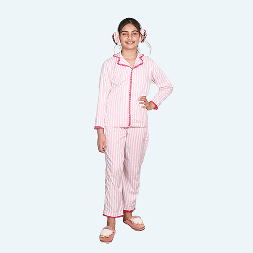 Girls Pink Night Suit Set, Full Sleeve Full Length In Cotton