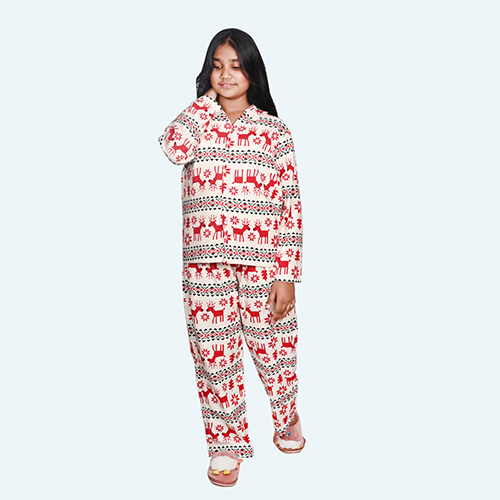 Girls Red Night Suit Set, Full Sleeve Full Length In Cotton