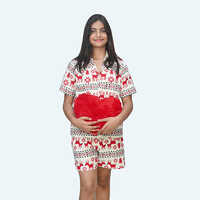 Girls Red Night Suit Set, Half Sleeve Knee Length In Cotton