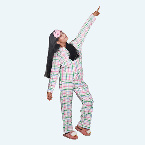 Girls Blue Night Suit Set, Full Sleeve Full Length In Cotton