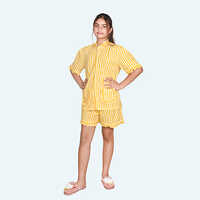 Girls Yellow Night Suit Set, Half Sleeve Knee Length In Cotton