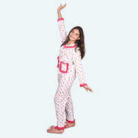 Girls Pink  Night Suit Set, Full Sleeve Full Length In Cotton