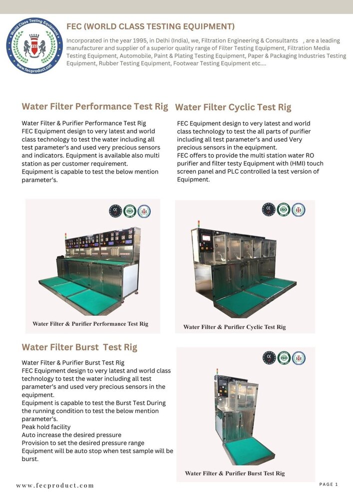 Water Filter and Purifier Performance Test Rig