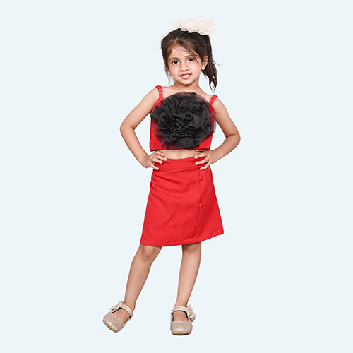 Girls Red Tulle Party Dress, Spaghetti Layered skirt, knee length in Crepe