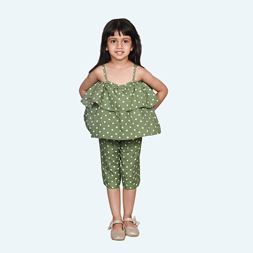 Girls Green Jump suit, Spaghetti knee length in Crepe