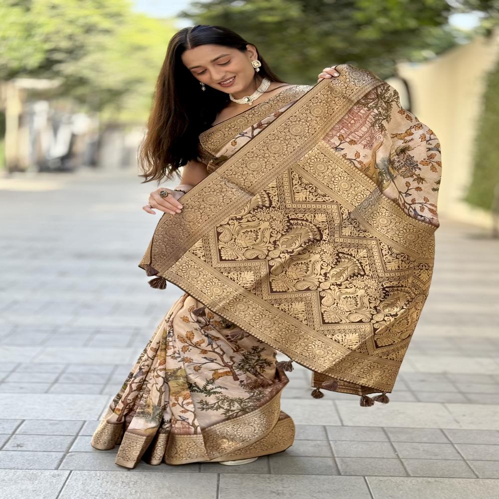 Beautiful Mysore Silk Saree - 6.3 Meters With Multicolor Print, Golden Zari Borders, Mughal & Scenic Motifs, Unstitched Blouse Included