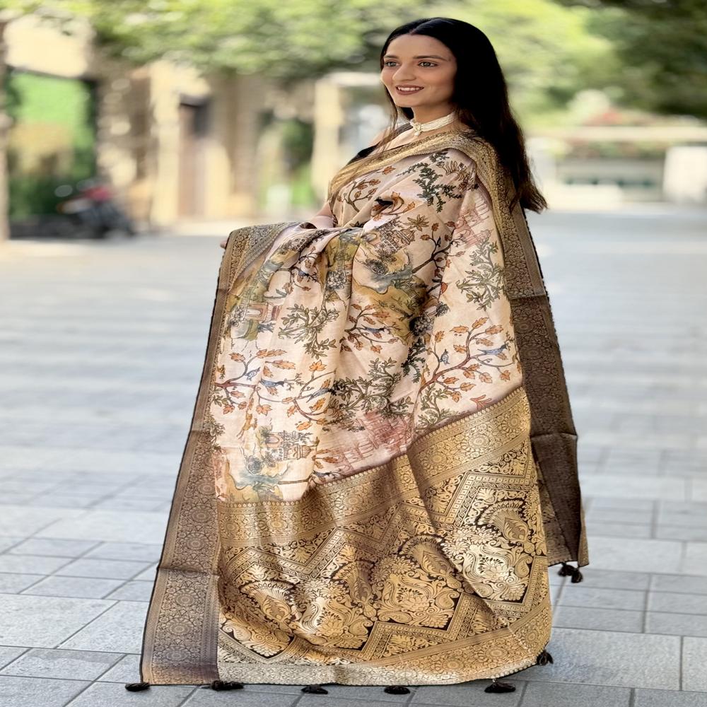 Beautiful Mysore Silk Saree - 6.3 Meters With Multicolor Print, Golden Zari Borders, Mughal & Scenic Motifs, Unstitched Blouse Included