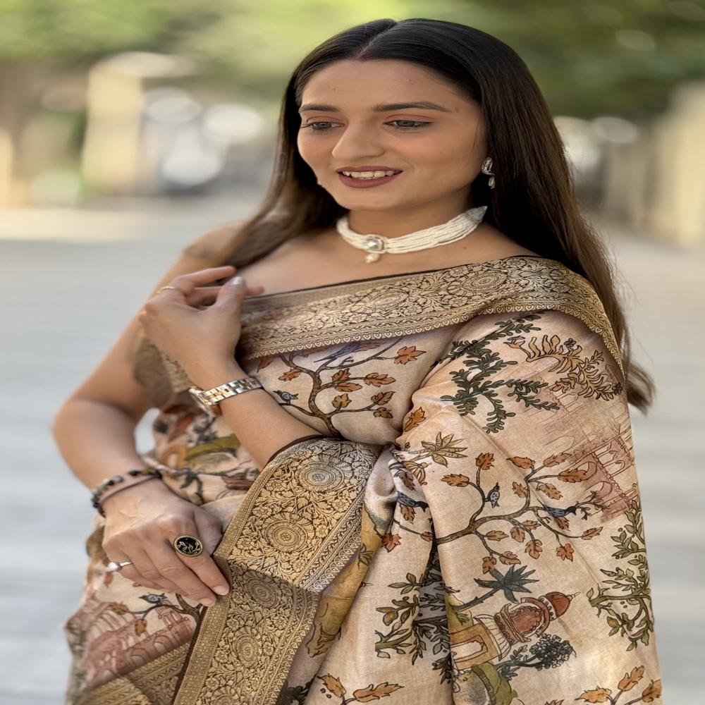 Beautiful Mysore Silk Saree - 6.3 Meters With Multicolor Print, Golden Zari Borders, Mughal & Scenic Motifs, Unstitched Blouse Included