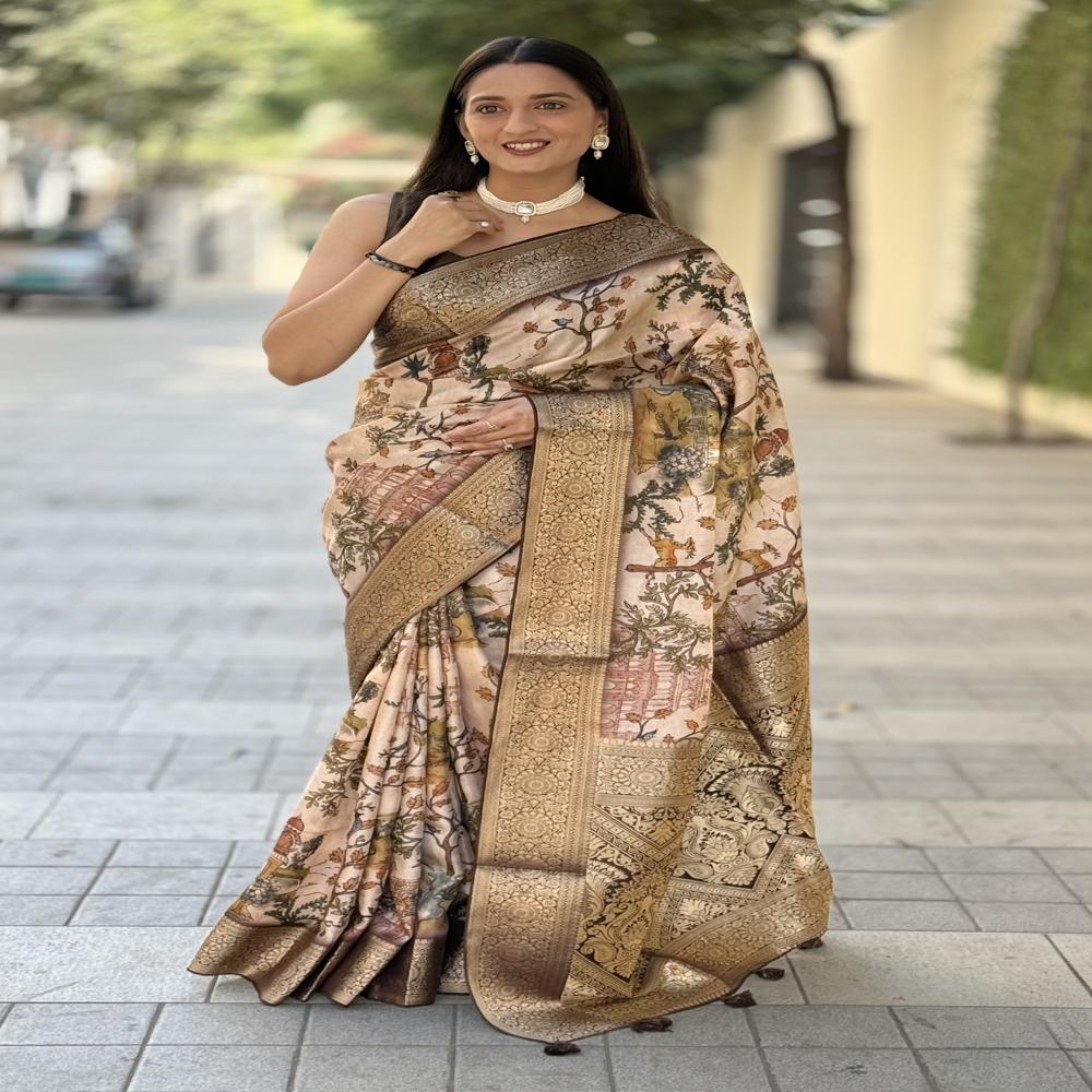 Beautiful Mysore Silk Saree - 6.3 Meters With Multicolor Print, Golden Zari Borders, Mughal & Scenic Motifs, Unstitched Blouse Included