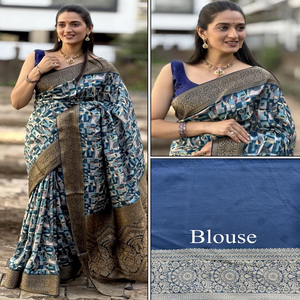 Blue Mysore Silk Saree - Design: Abstract Geometric Pattern