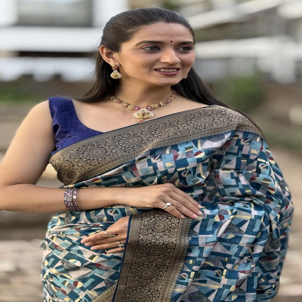 Blue Mysore Silk Saree - Design: Abstract Geometric Pattern