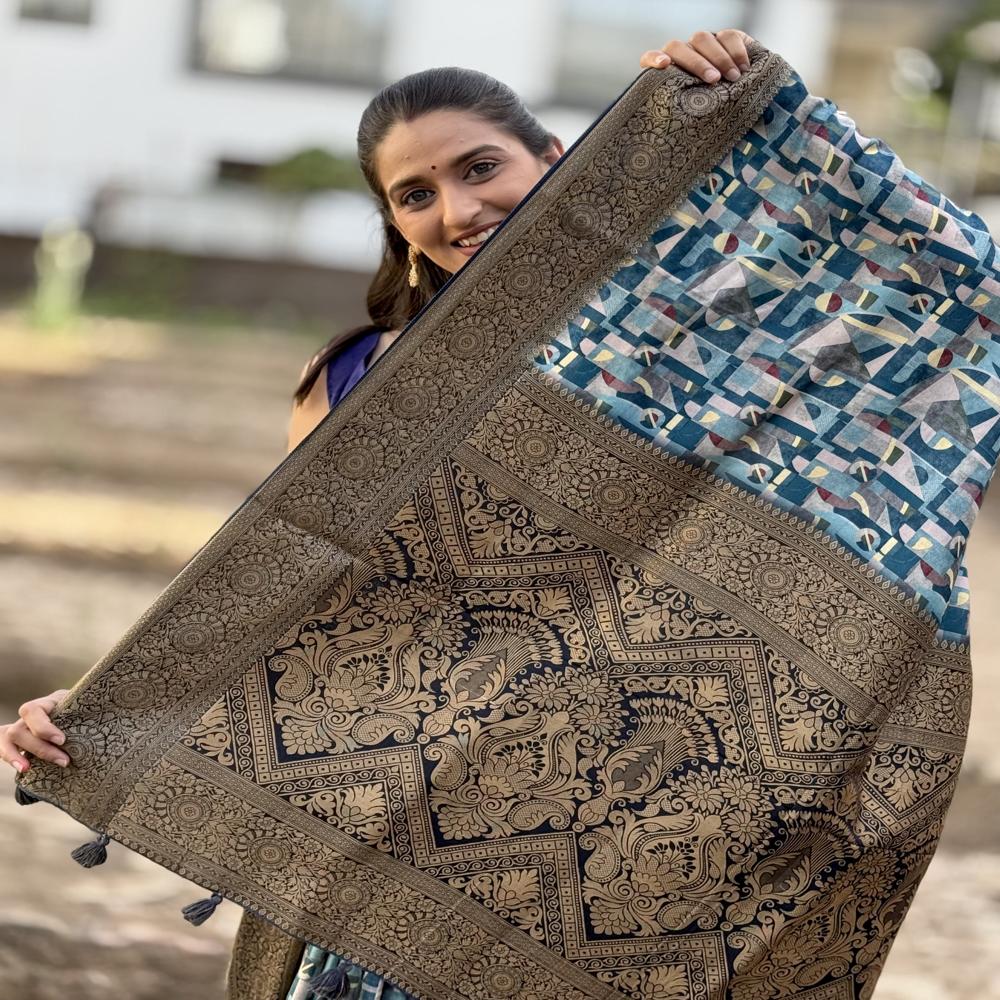 Blue Mysore Silk Saree - Design: Abstract Geometric Pattern