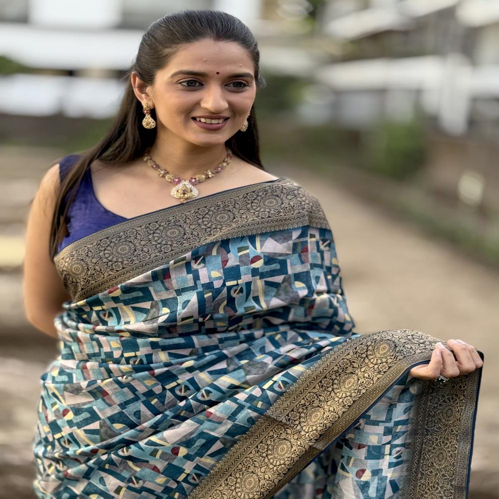 Blue Mysore Silk Saree - Design: Abstract Geometric Pattern