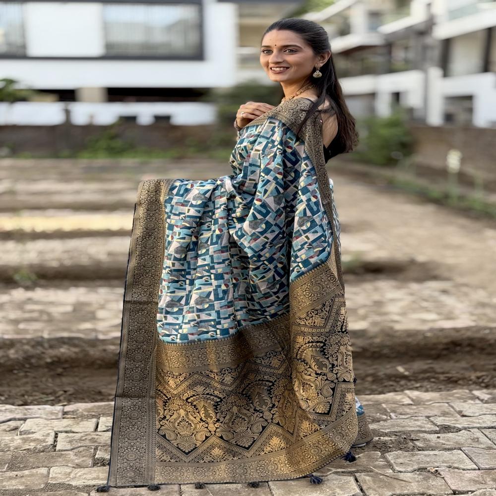Blue Mysore Silk Saree - Design: Abstract Geometric Pattern