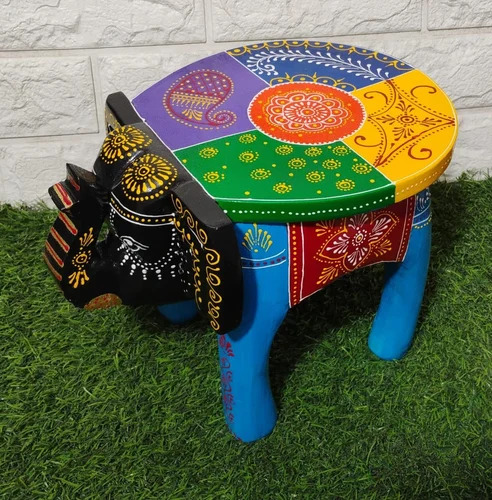 Elephant Stool in Fine Multicolour Jodhpuri Handmade Amboss Painting