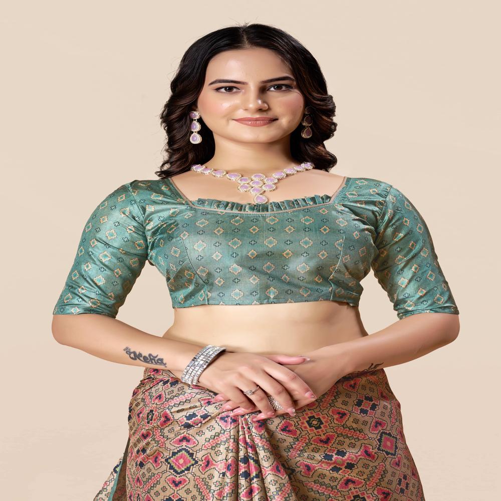 Geometric Printed Patola Saree - Art Silk, 5.5 Meters Length + 0.8 Meters Blouse, Pastel Beige With Multicolor Madhubani Prints & Green Border - Ethnic Women's Wear