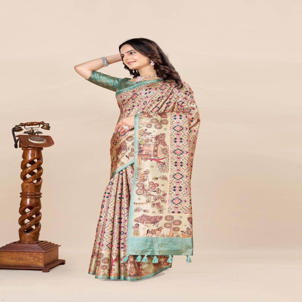 Geometric Printed Patola Saree - Art Silk, 5.5 Meters Length + 0.8 Meters Blouse, Pastel Beige With Multicolor Madhubani Prints & Green Border - Ethnic Women's Wear
