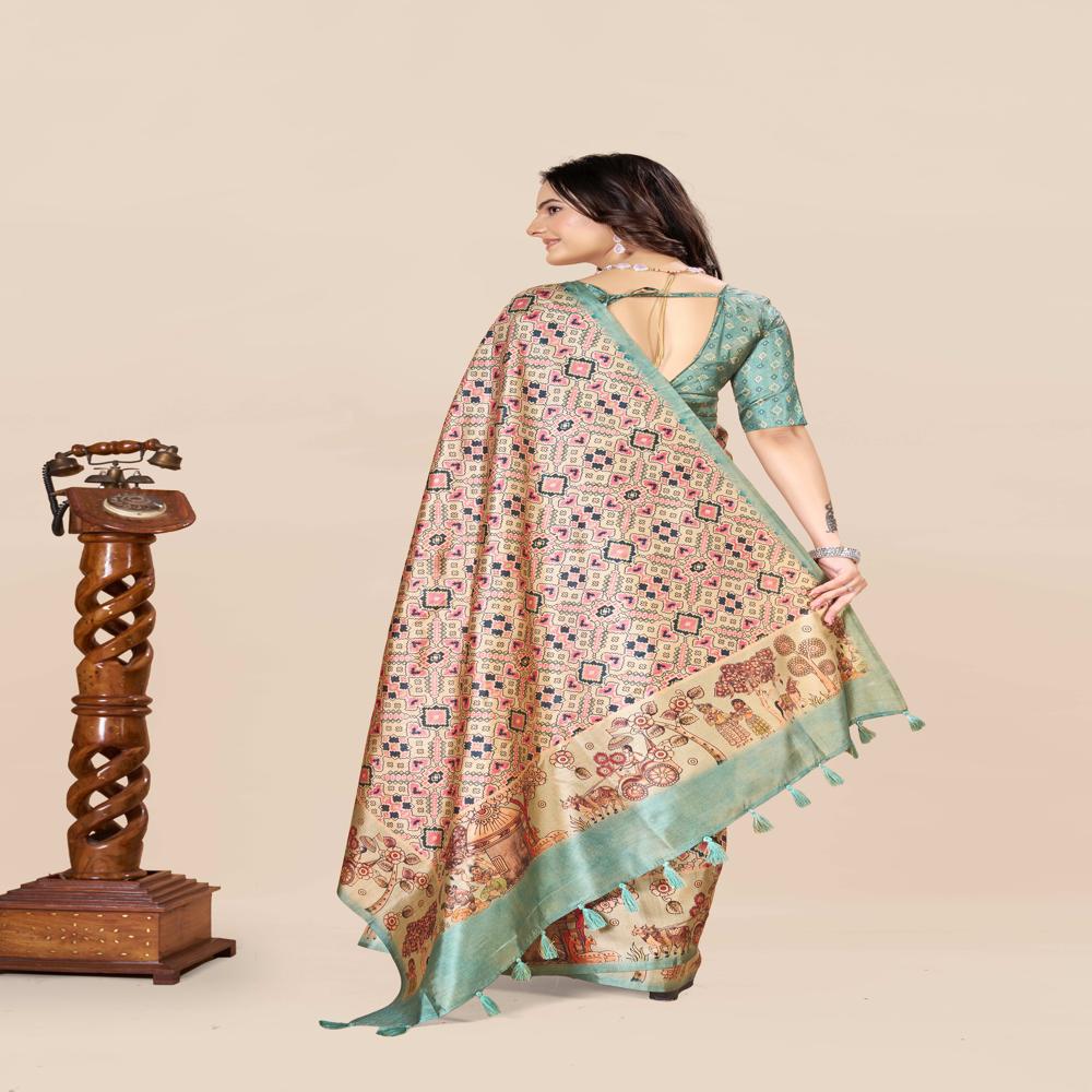Geometric Printed Patola Saree - Art Silk, 5.5 Meters Length + 0.8 Meters Blouse, Pastel Beige With Multicolor Madhubani Prints & Green Border - Ethnic Women's Wear