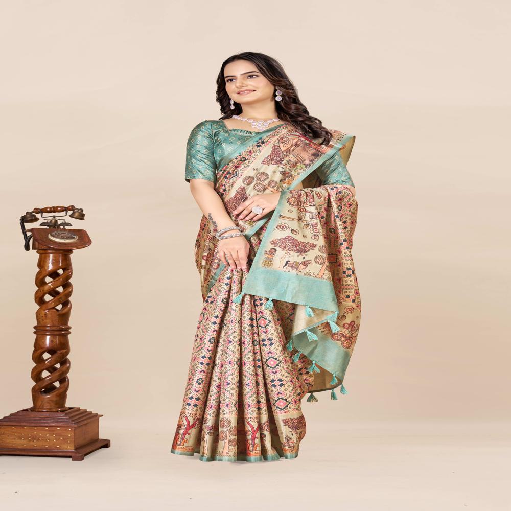 Geometric Printed Patola Saree - Art Silk, 5.5 Meters Length + 0.8 Meters Blouse, Pastel Beige With Multicolor Madhubani Prints & Green Border - Ethnic Women's Wear