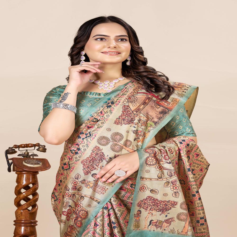 Geometric Printed Patola Saree - Art Silk, 5.5 Meters Length + 0.8 Meters Blouse, Pastel Beige With Multicolor Madhubani Prints & Green Border - Ethnic Women's Wear