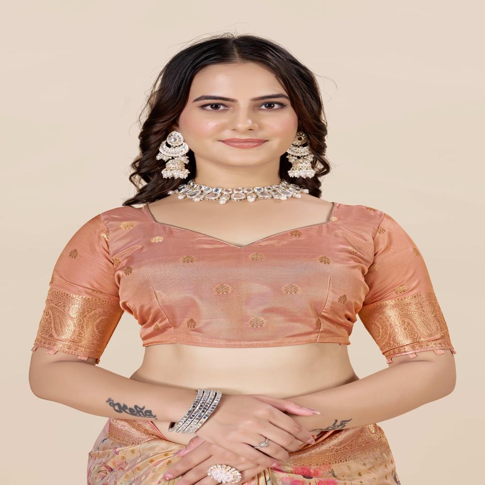 Peach-coloured And Gold-toned Tussar Saree