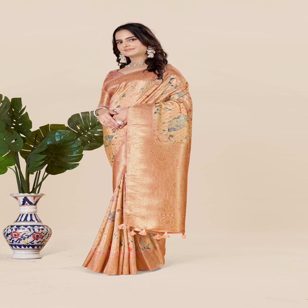 Peach-coloured And Gold-toned Tussar Saree