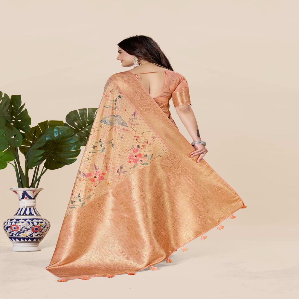 Peach-coloured And Gold-toned Tussar Saree - Color: Multicolor