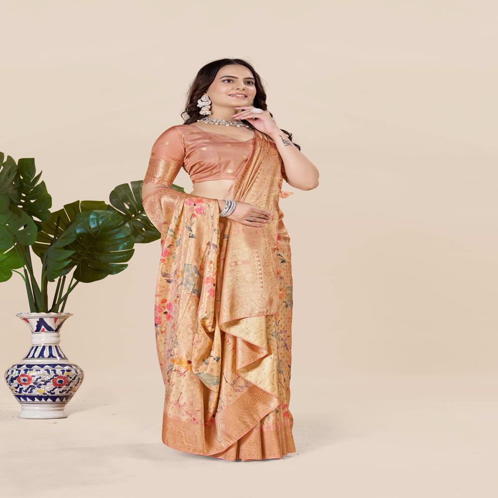 Peach-coloured And Gold-toned Tussar Saree - Color: Multicolor