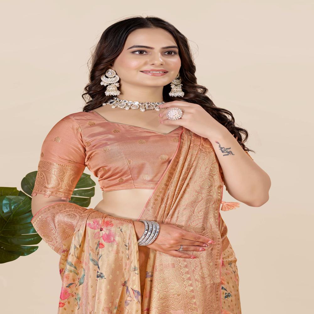 Peach-coloured And Gold-toned Tussar Saree