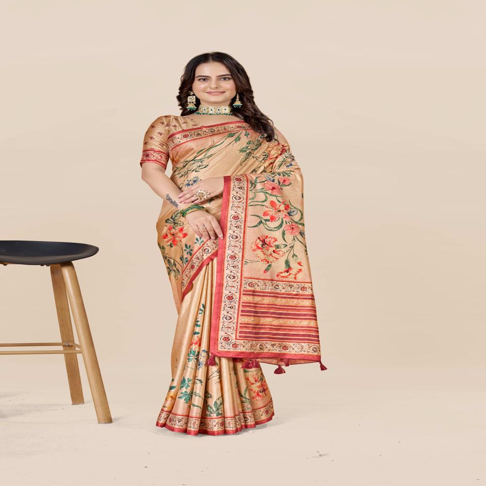 Copper-toned And Red Saree