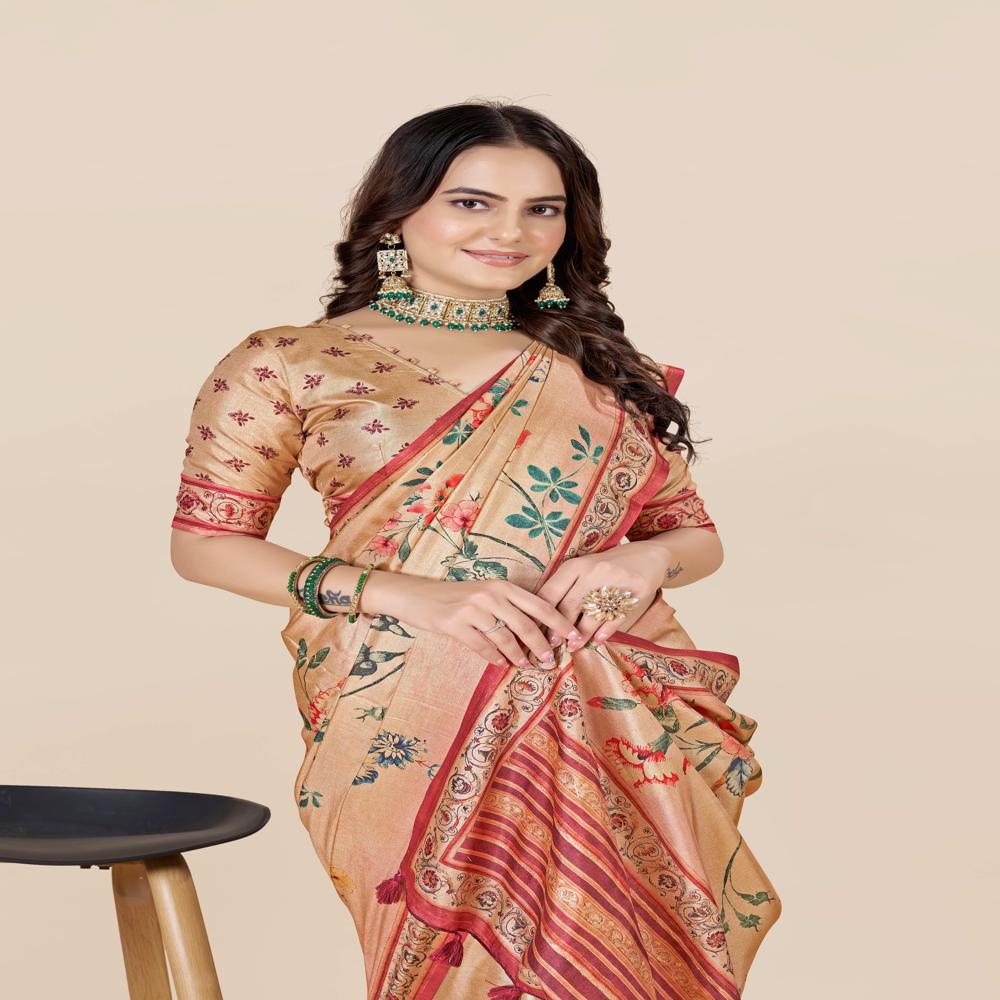 Copper-toned And Red Saree