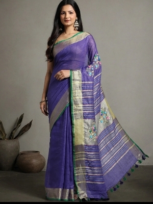 Pure Linen Thread Work Saree - Gender: Female