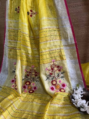 Pure Linen Thread Work Saree - Gender: Female