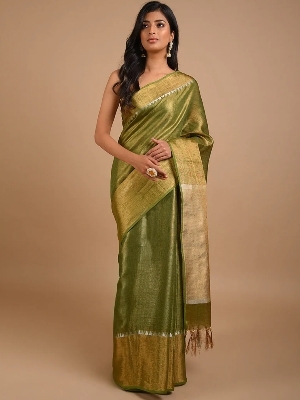 Tissue Linen Saree Temple Border By Tara Handloom