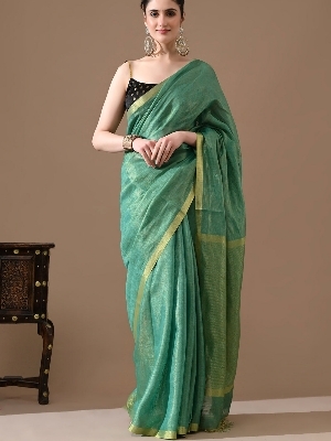 Tissue Linen Saree Temple Border - Material: Silk