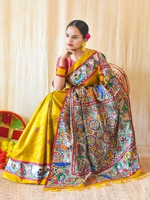 Pure Tussar Desi Silk Hand Madhubani Painting - Occasion: Party Wear
