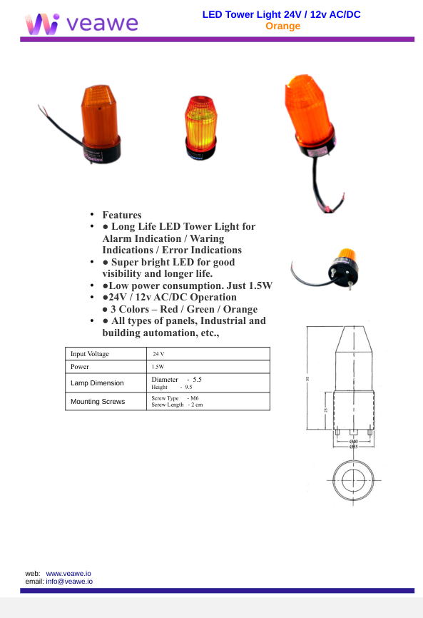 Industrial LED Tower Light Orange 12V AC DC