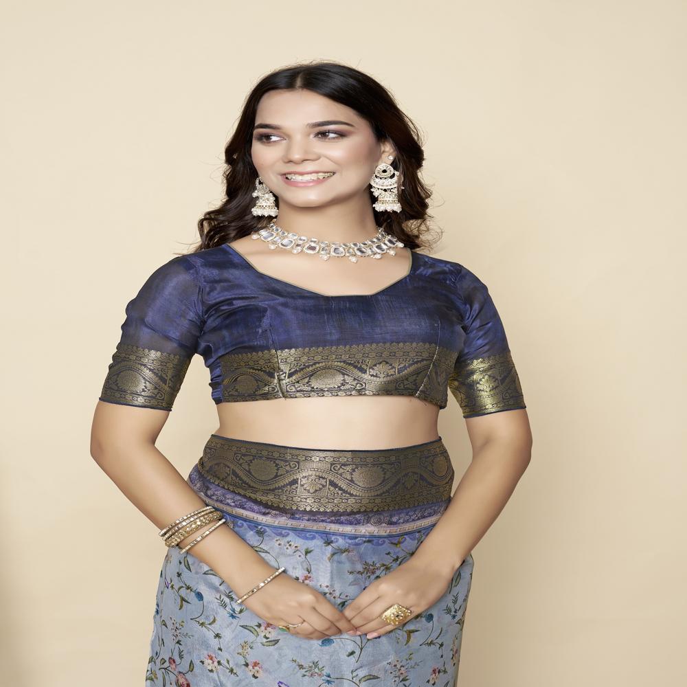 Blue And Green Floral Zari Saree