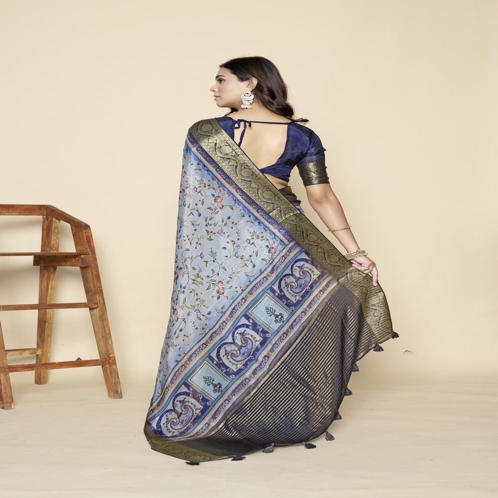 Blue And Green Floral Zari Saree