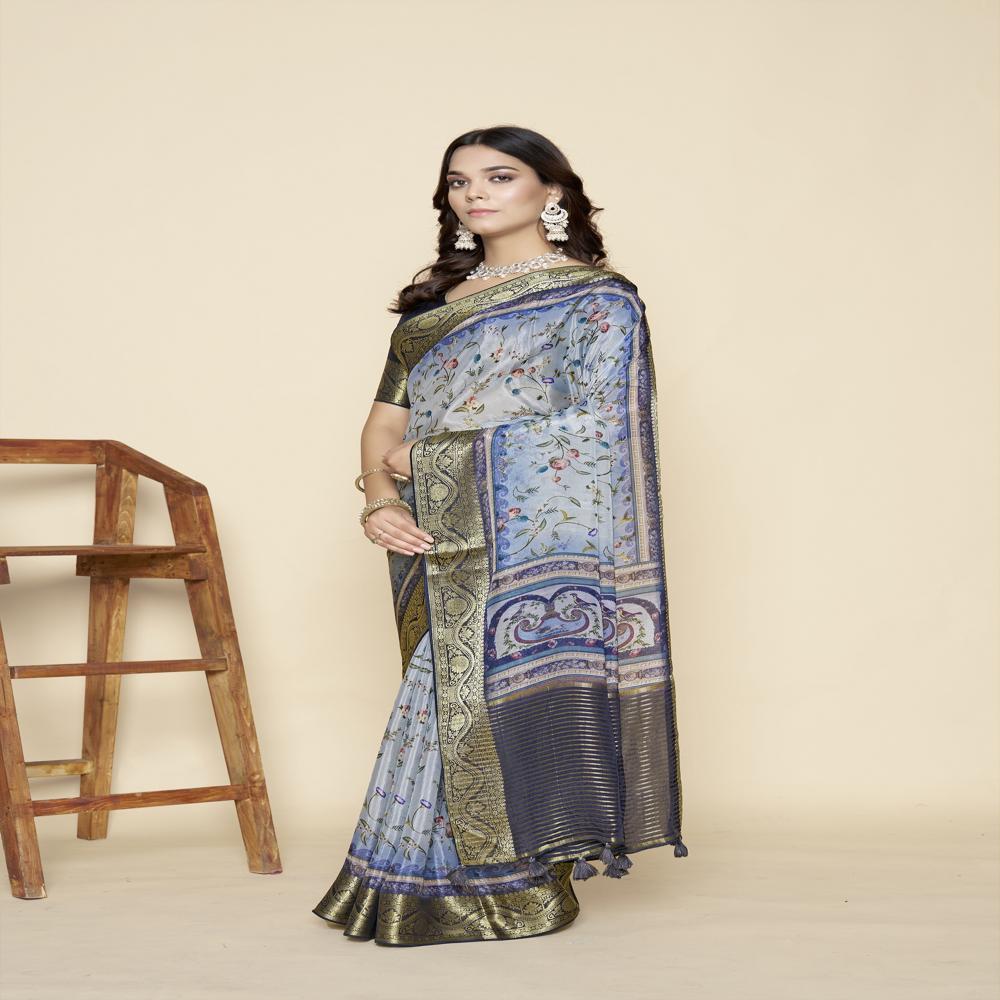 Blue And Green Floral Zari Saree