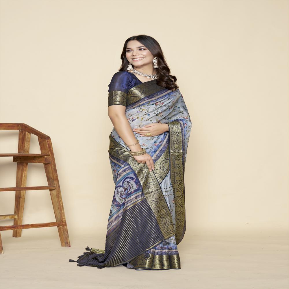 Blue And Green Floral Zari Saree