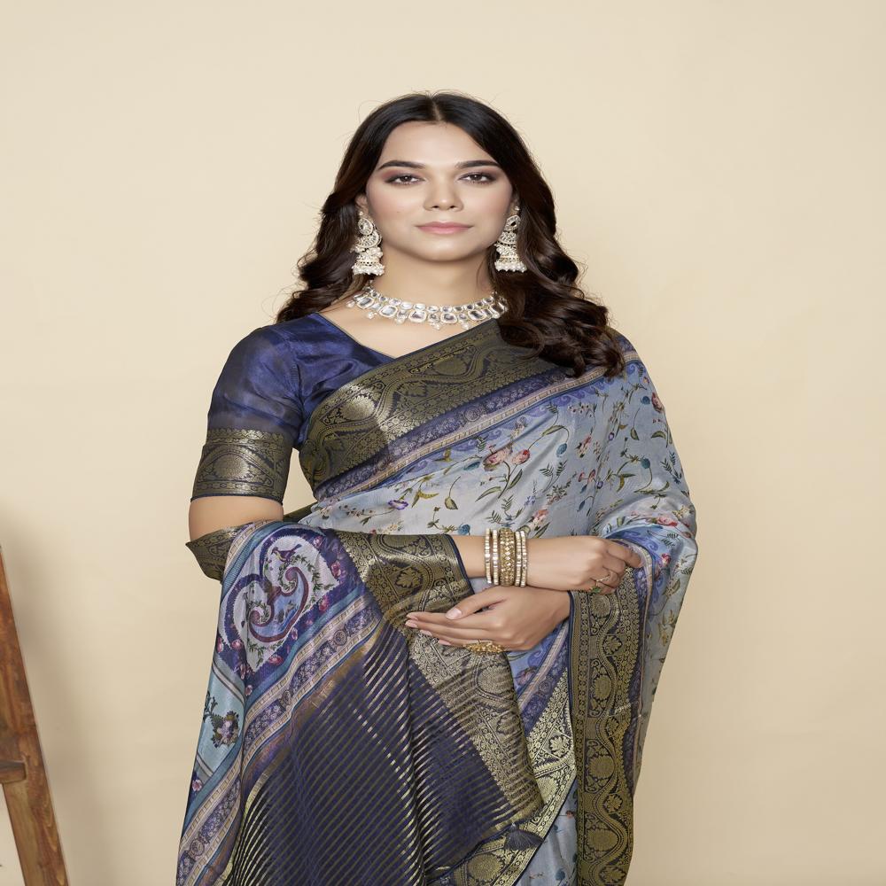 Blue And Green Floral Zari Saree