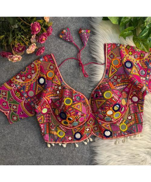 Navratri Wear Mirror Work Readymade Blouse - Neck Style: V-neck