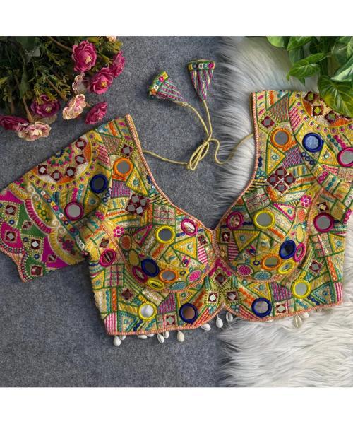 Navratri Wear Mirror Work Readymade Blouse - Neck Style: V-neck