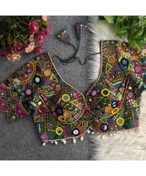 Navratri Wear Mirror Work Readymade Blouse - Neck Style: V-neck